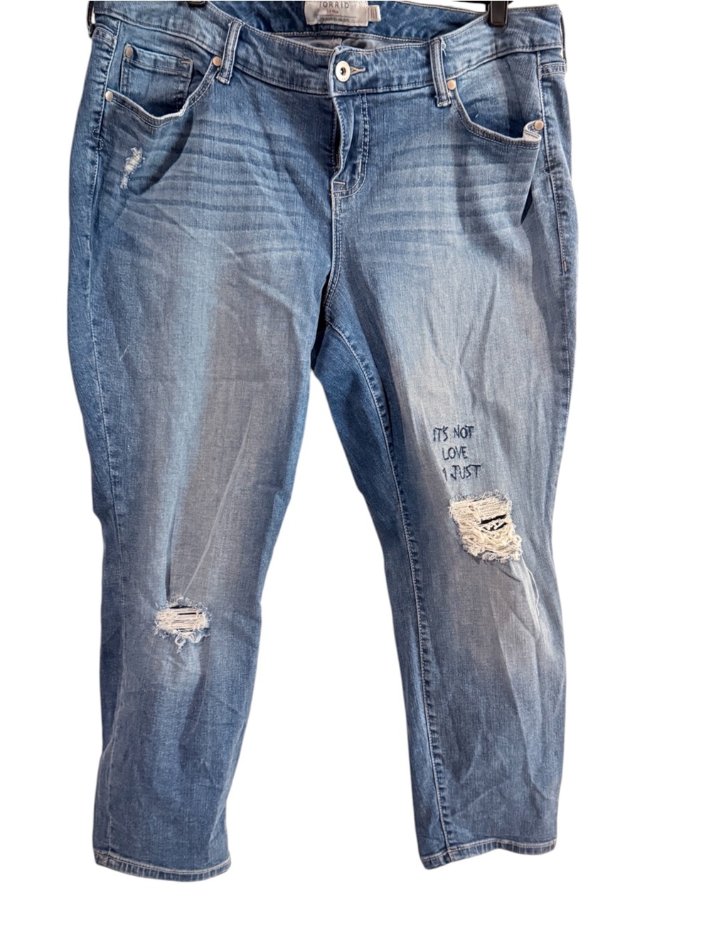 torrid Light Blue Distressed Cropped Jeans with Embroidered Detail